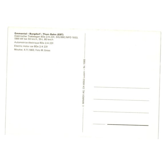 Emmental Burgdorf Thun Bahn Vintage Train Postcard BDe 2/4 231 Switzerland 1983 - Picture 2 of 2